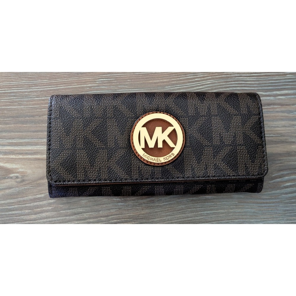 Michael Kors Jet Set Fulton Flap Wallet MK Monogram Brown Canvas